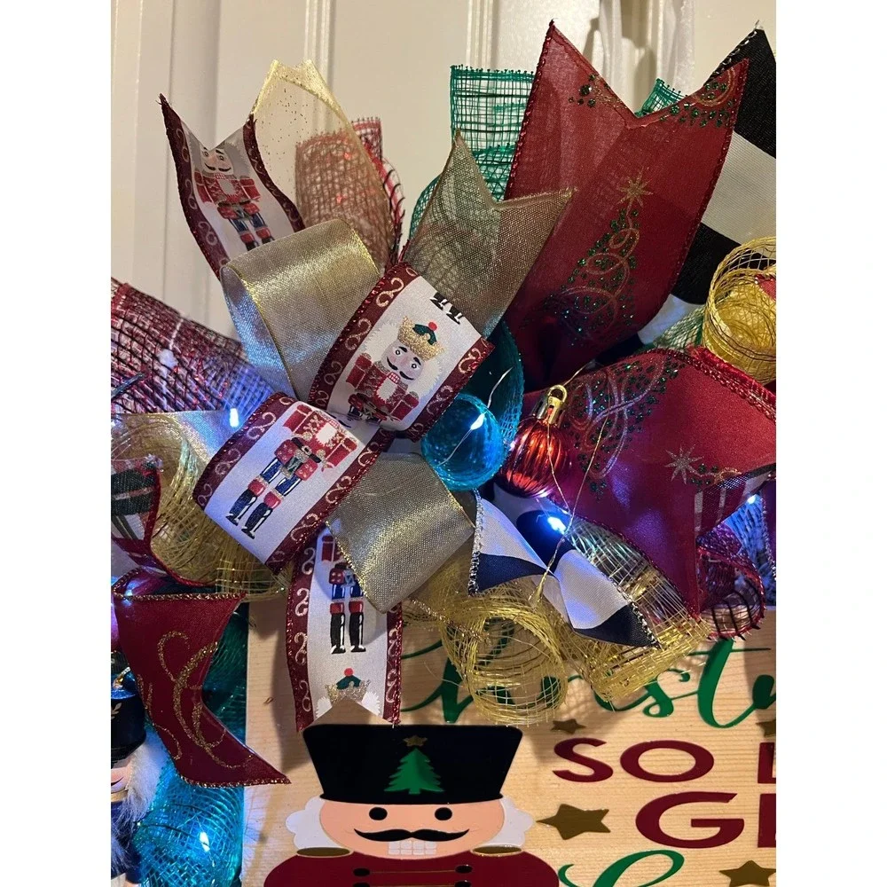 Christmas Nutcracker Holiday Ribbon Door Wreath Handmade 22 ins LED W3
